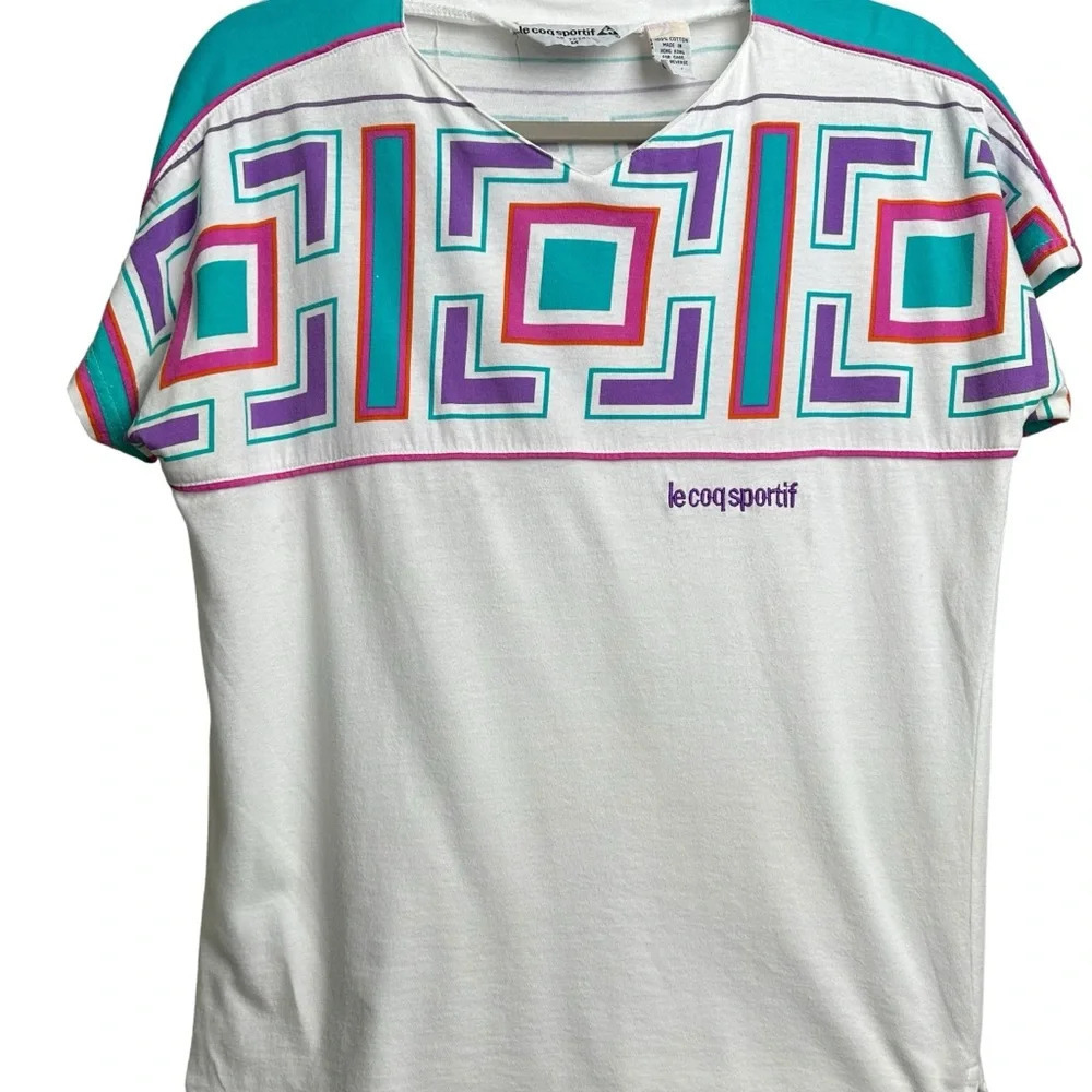 Vintage Le Coq Sportif Size Medium Geometric 80s T Shirt Top Tennis Athletic - Picture 3 of 11